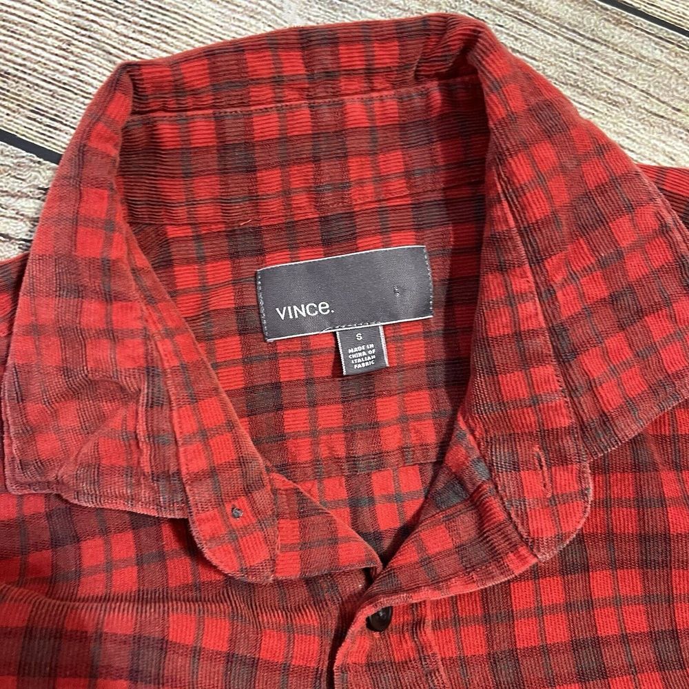 Vince Men's Small Red Plaid Button Up Corduroy Long Sleeve Shirt - Picture 5 of 7